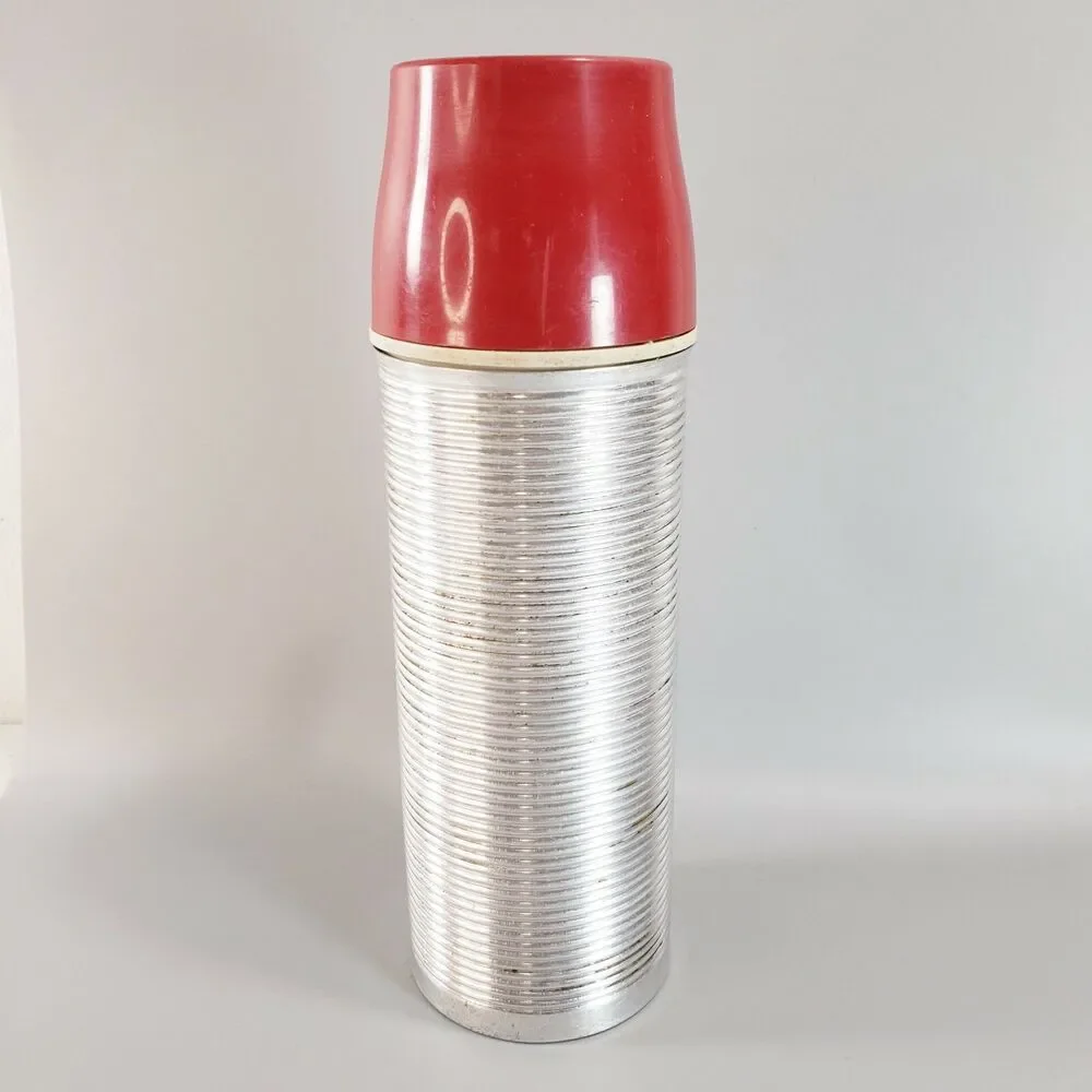 American Thermos Pint Size Ribbed Aluminum Red Cap Glass Insert Travel VTG